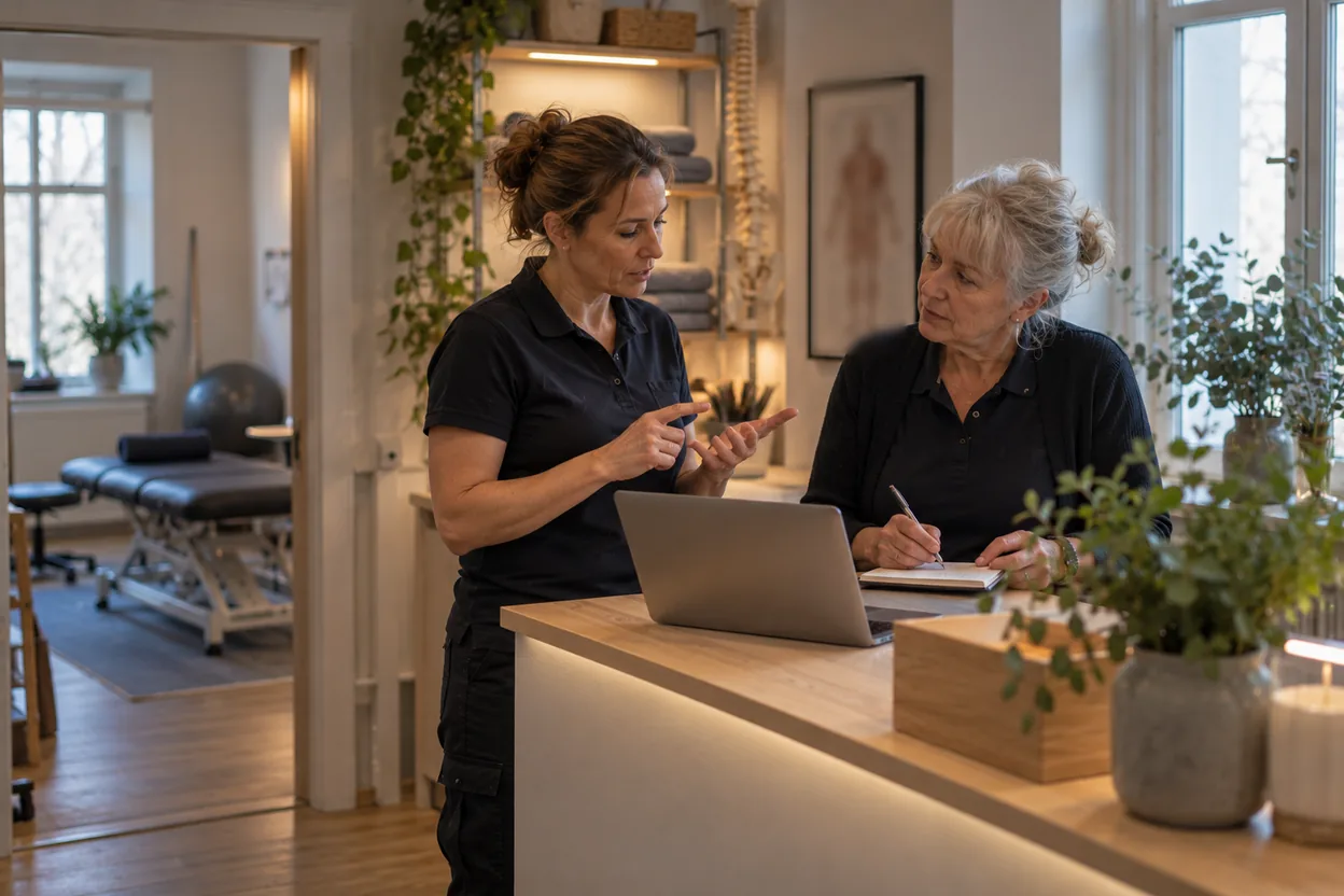 Ägaren och receptionisten på en fysioterapiklinik prioriterar de två, tre synlighetsgap mot konkurrenten som ska stängas först, och vem som gör vad