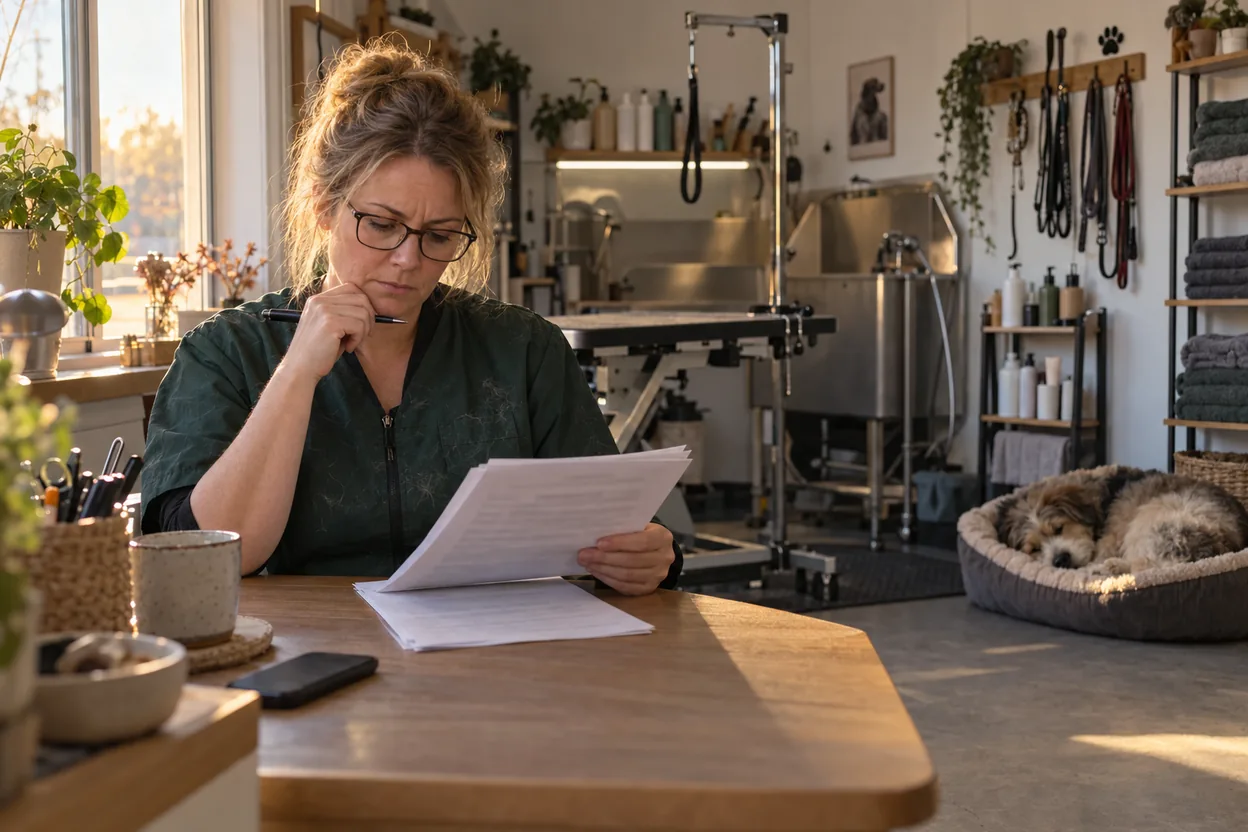 Ägaren till en hundtrimningssalong läser igenom ett tryckt hemsideavtal med pennan i handen vid receptionsdisken, med mobilen bredvid och en sovande hund i en korg bakom henne