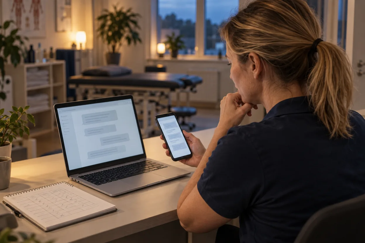 Ägaren till en fysioterapiklinik jämför svar från AI-tjänster på datorn och i mobilen efter stängning och för in resultatet i en tabell i anteckningsboken