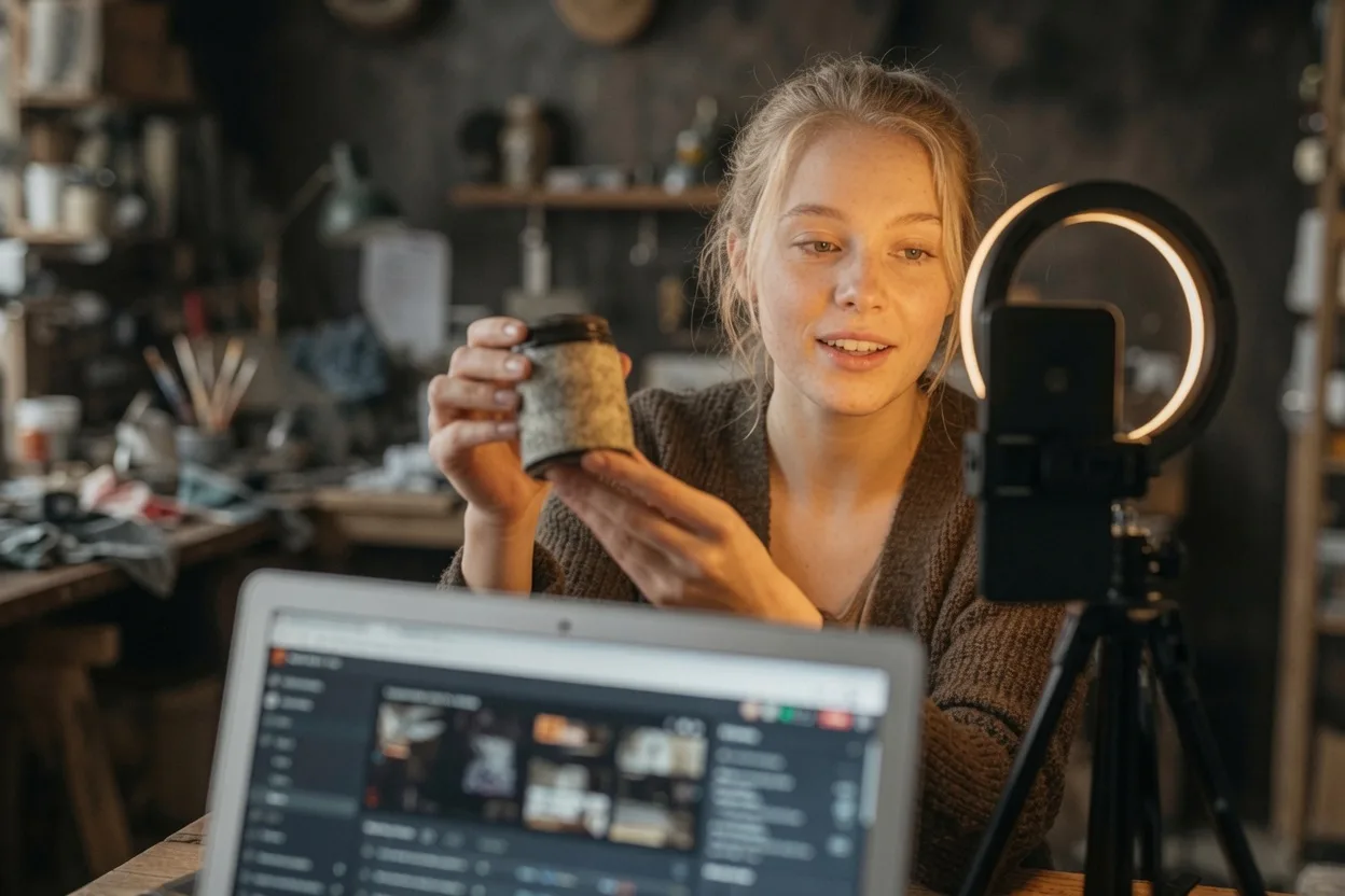 Live selling: programledare visar en produkt i direktsändning med ringlight och mobil på stativ, redo för TikTok Shop