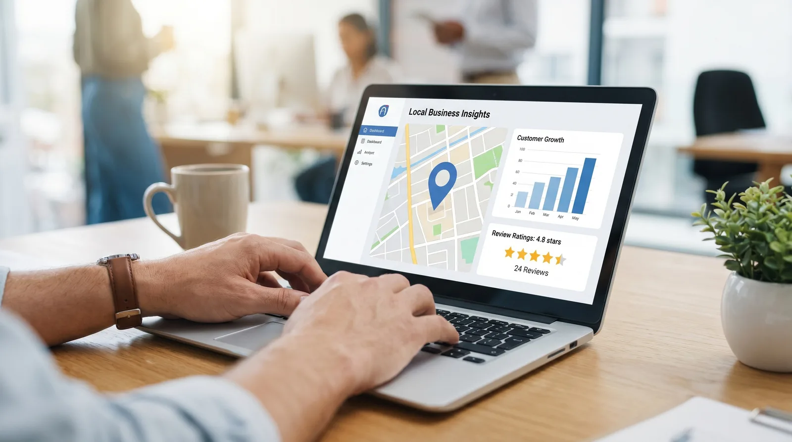 Dashboard med karta, kundtillväxt och recensioner för ett lokalt företag