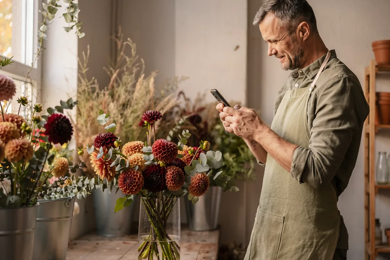 En florist i sin blomsterbutik tittar i mobilen bredvid en nybunden bukett med dahlior och eukalyptus