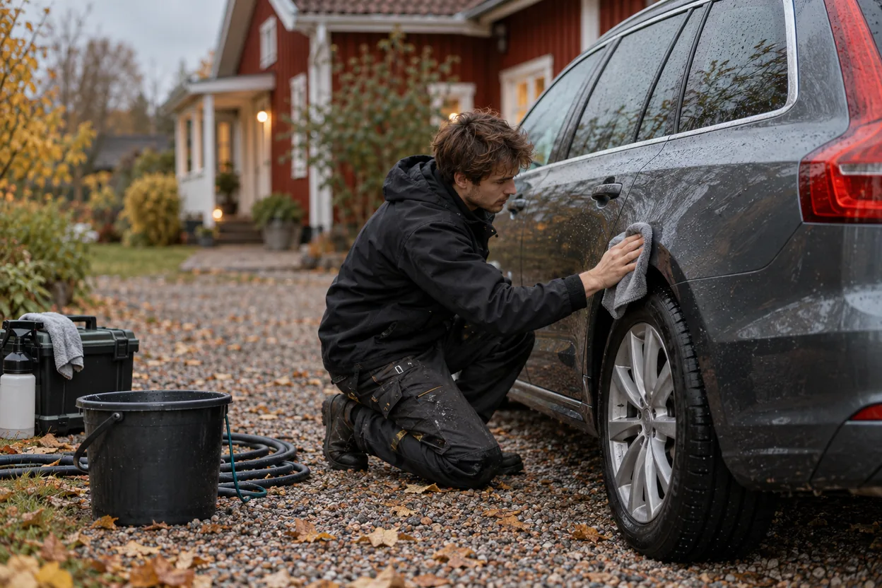 En mobil bilrekondare polerar en bil på kundens grusuppfart, en verksamhet som kommer ut till kunden i stället för att ha en butik.