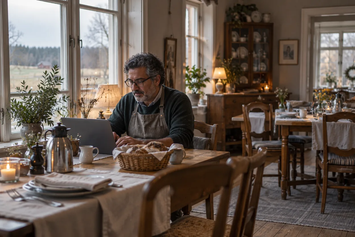 Ägaren till ett litet pensionat skriver ett personligt svar på en gästs Google-recension i frukostrummet innan gästerna har vaknat
