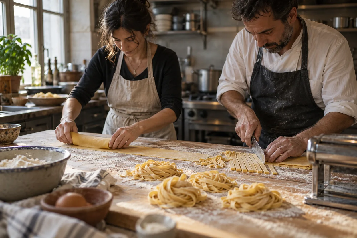 Två delägare kavlar och skär färsk pasta för hand i restaurangköket före öppning, ett specifikt erbjudande som gör positioneringen tydlig.