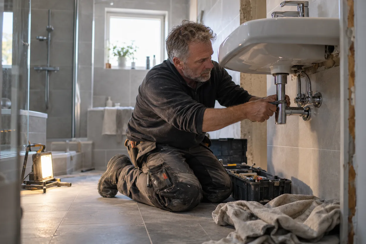 En rörmokare knäböjer i ett badrum under renovering och drar åt en kromad rörkoppling under handfatet