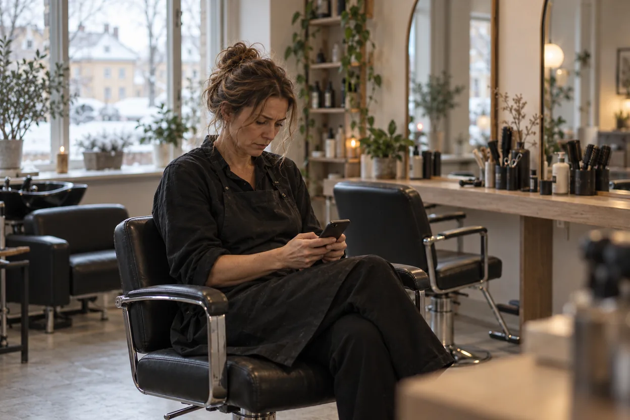 En salongsägare sitter i en av sina egna frisörstolar i den tomma salongen och tittar i mobilen när bokningarna plötsligt uteblir