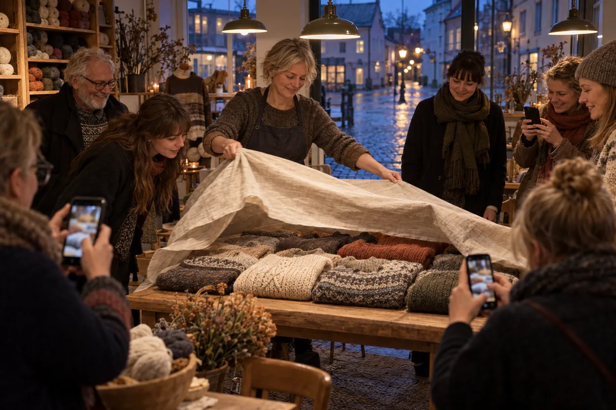 Ägaren till en liten stickbutik drar undan ett linnetyg och visar sin nya kollektion medan inbjudna kunder filmar ögonblicket med mobilerna