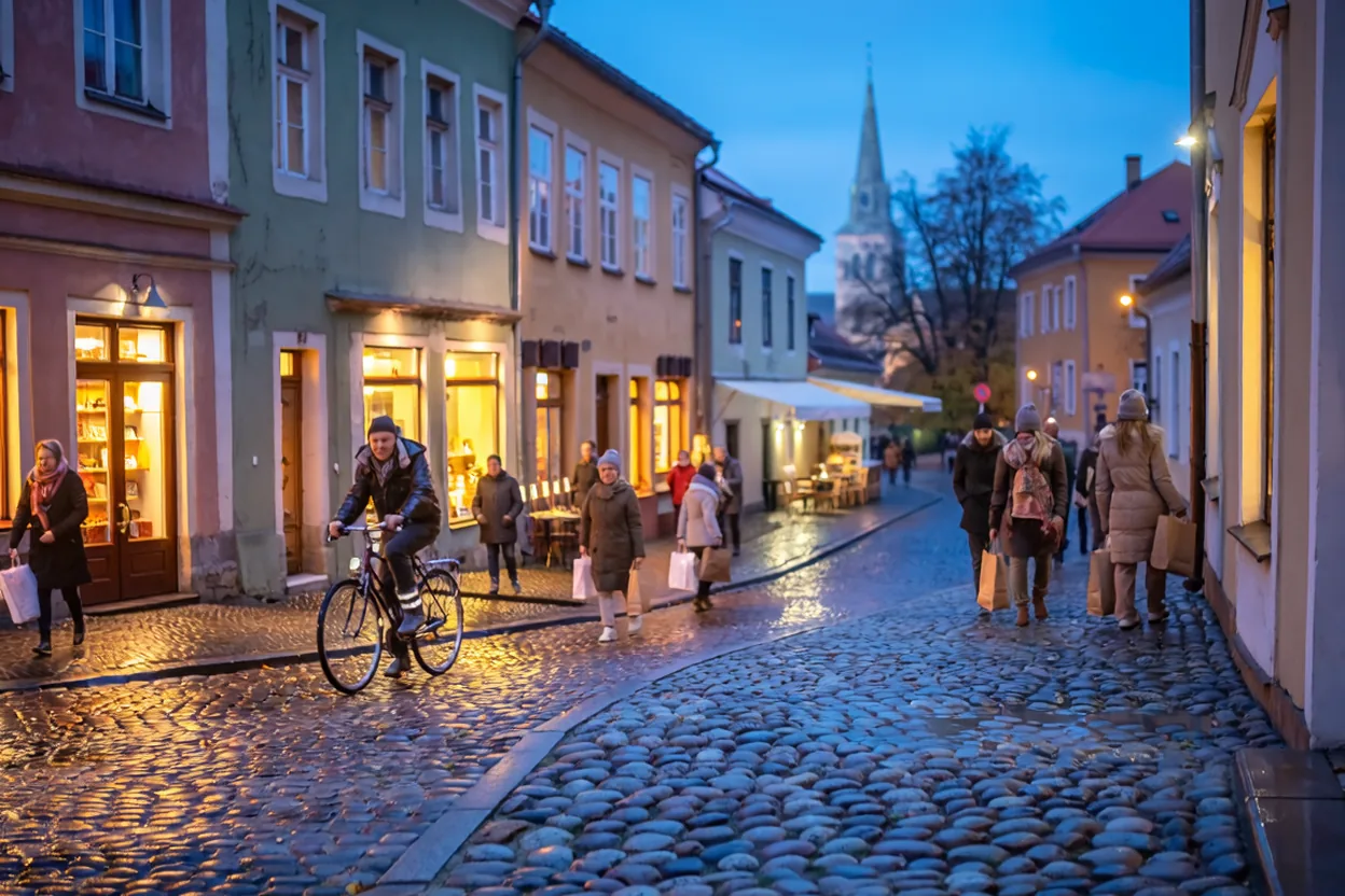 Handelsgata i en mindre stad i blå timmen, med upplysta butiksfönster, folk med kassar och en cyklist på kullerstenen