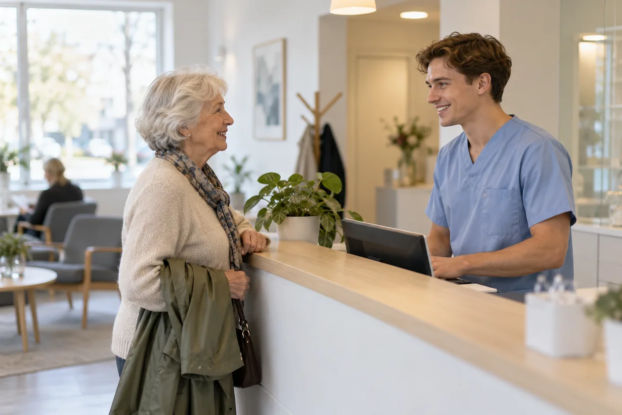 En äldre patient pratar med receptionisten på en tandläkarklinik efter besöket, ett naturligt tillfälle att be om en recension