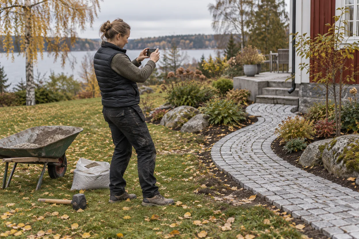 En trädgårdsanläggare fotograferar en nylagd stengång med mobilen, ett äkta bevis på utfört jobb för förtroendestackens lager med case och bilder