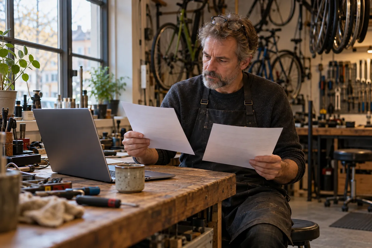 Ägaren till en cykelverkstad jämför två offerter på ny hemsida vid arbetsbänken, med en bärbar dator och en kaffekopp bredvid