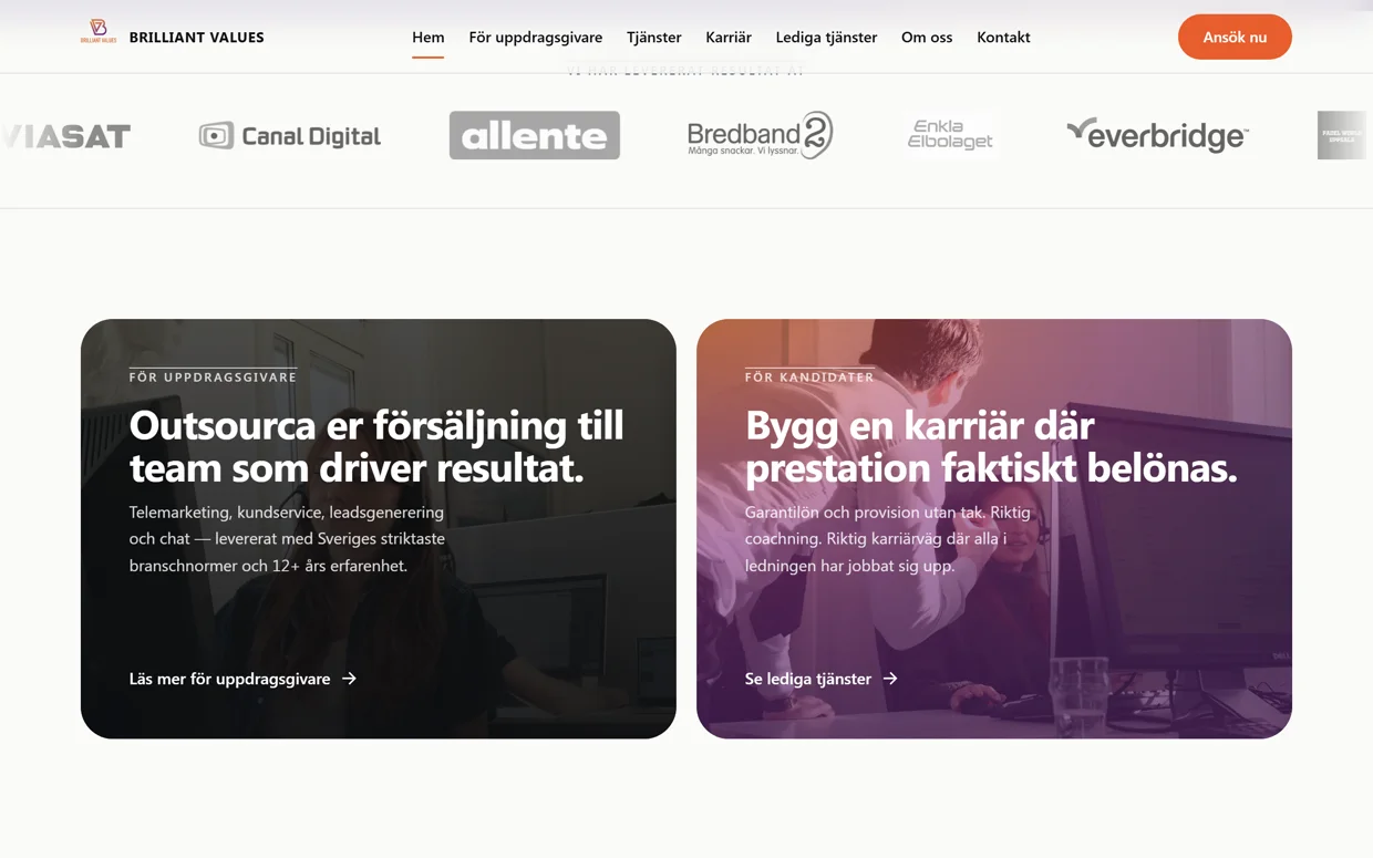 Sajten för Brilliant Values, byggd av Synlighetsverket